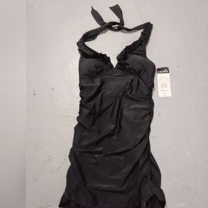 Black Halter Swimdress with Ruffled Neckline